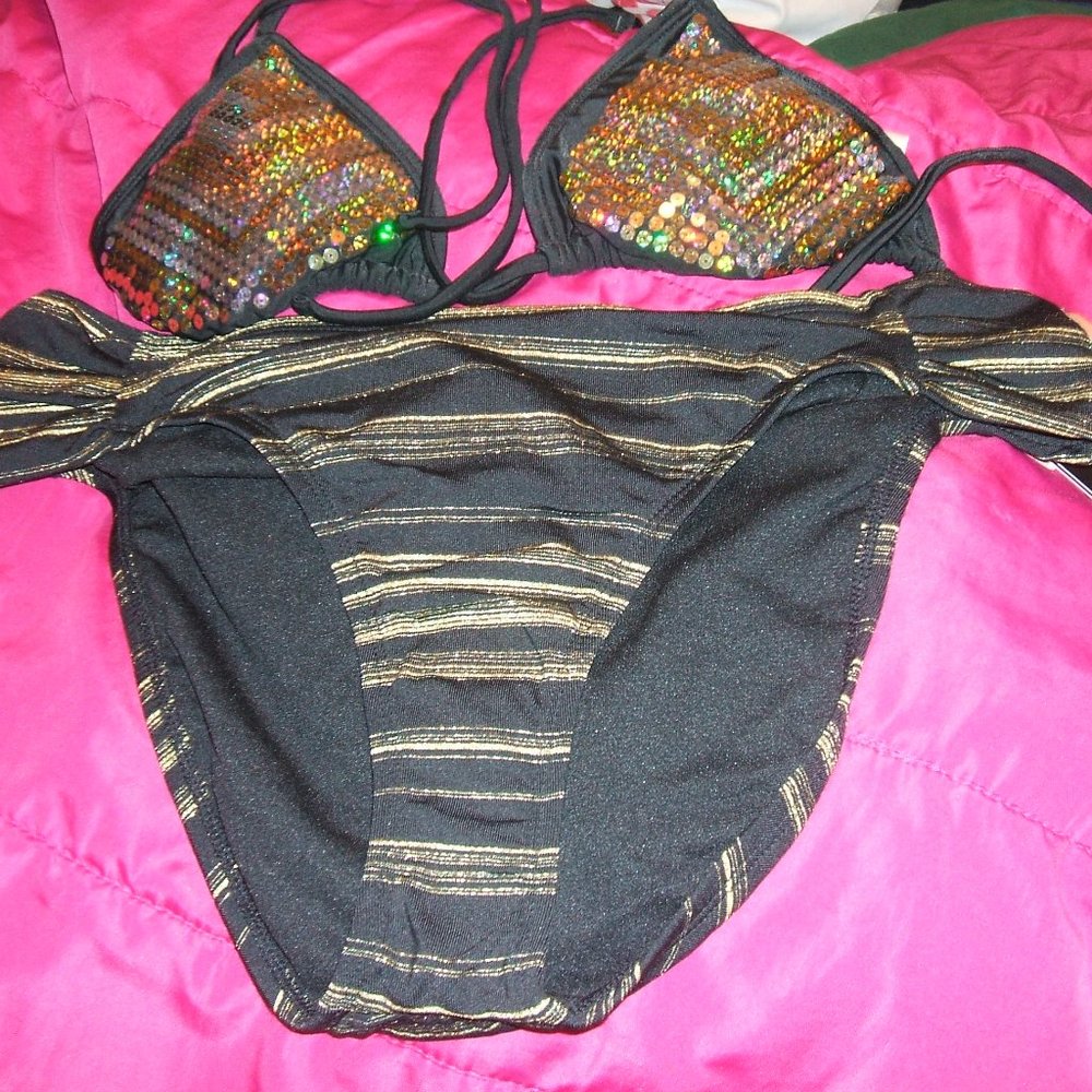 Kohl's/JCP gold/black bikini 12/S New!